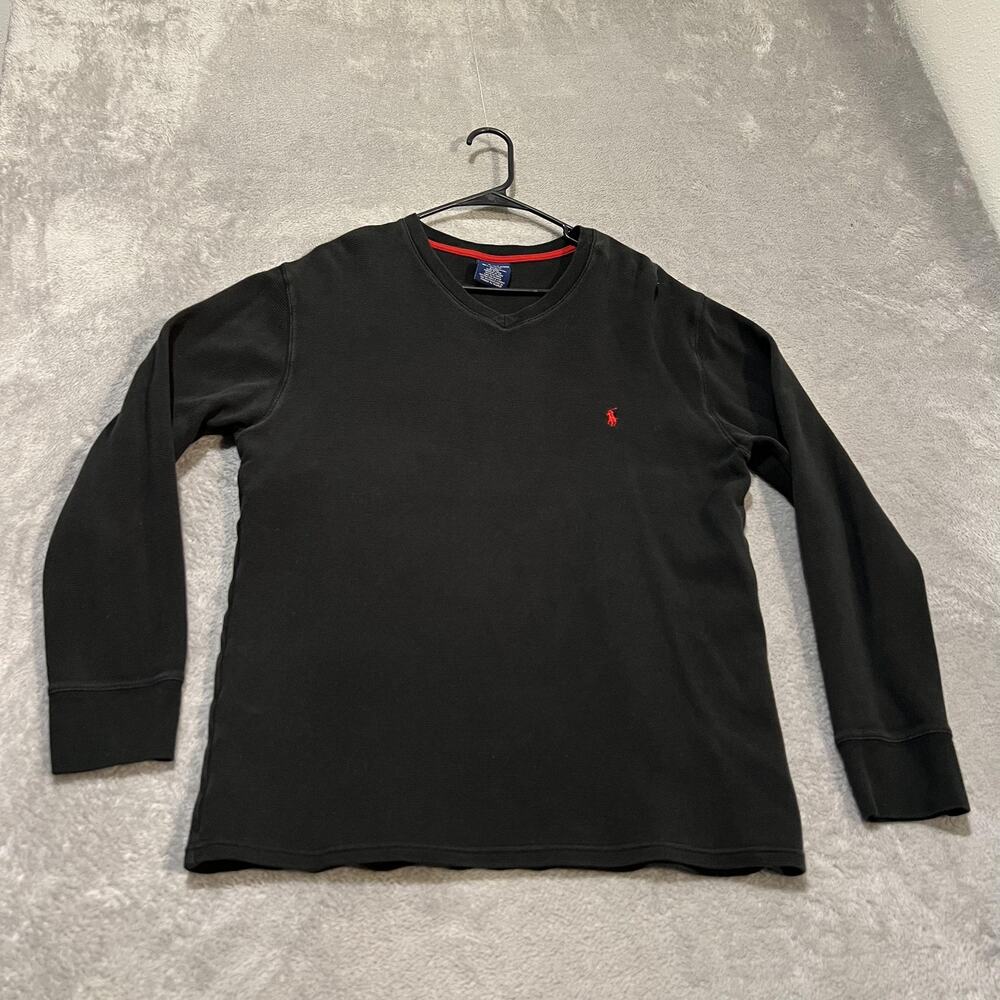 Polo Ralph Lauren Shirt Mens XL Black Thermal Waffle Knit Long Sleeve V Neck